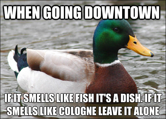 When going downtown if it smells like fish it's a dish. if it smells like cologne leave it alone - When going downtown if it smells like fish it's a dish. if it smells like cologne leave it alone  Actual Advice Mallard