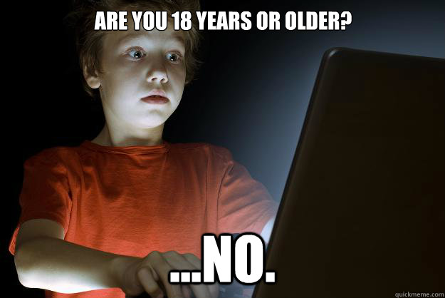 Are you 18 years or older? ...No. - Are you 18 years or older? ...No.  scared first day on the internet kid