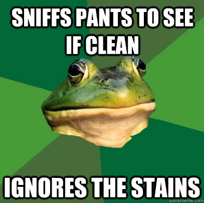 Sniffs pants to see if clean Ignores the stains  Foul Bachelor Frog