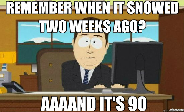 remember when it snowed two weeks ago? AAAAND it's 90  aaaand its gone