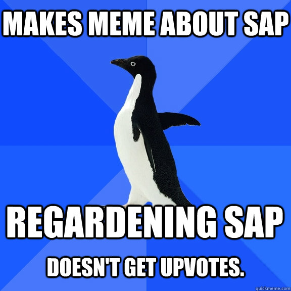 Makes meme about SAP Regardening SAP  Doesn't get upvotes.  Socially Awkward Penguin