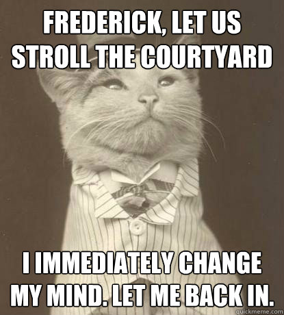 Frederick, let us stroll the courtyard i immediately change my mind. let me back in.  Aristocat