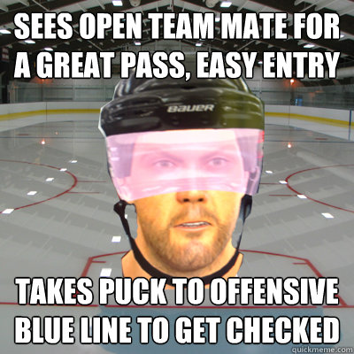 Sees open team mate for a great pass, easy entry takes puck to offensive blue line to get checked  Scumbag EASHL Playah