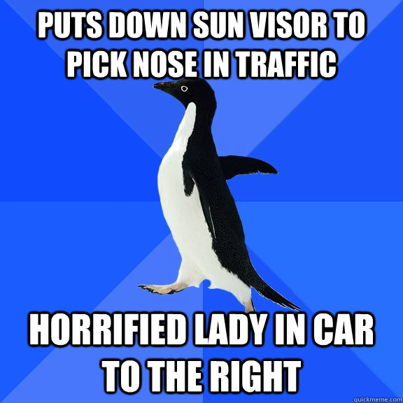 puts down sun visor to pick nose in traffic horrified lady in car to the right  Socially Awkward Penguin