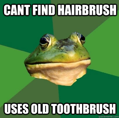 cant find hairbrush uses old toothbrush  Foul Bachelor Frog