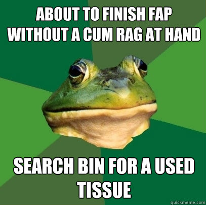 About to finish fap without a cum rag at hand search bin for a used tissue  Foul Bachelor Frog