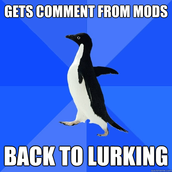 Gets comment from Mods back to lurking  Socially Awkward Penguin