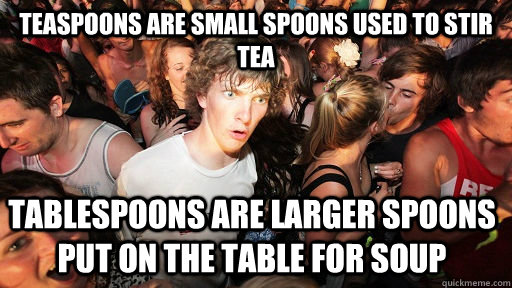 Teaspoons are small spoons used to stir tea Tablespoons are larger spoons put on the table for soup  Sudden Clarity Clarence