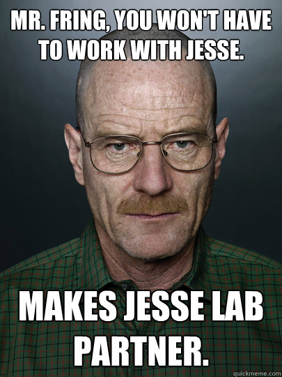 Mr. Fring, you won't have to work with Jesse. Makes Jesse lab partner.   Advice Walter White