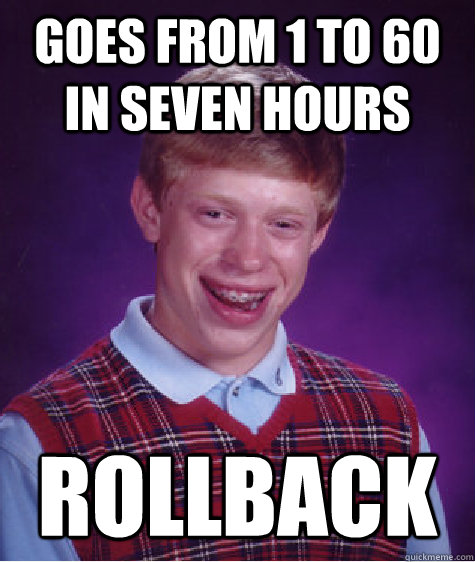 Goes from 1 to 60 in seven hours Rollback  Bad Luck Brian