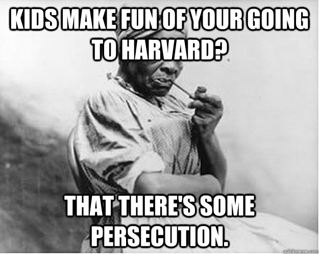 Kids make fun of your going to Harvard? That there's some persecution.  Unimpressed Slave