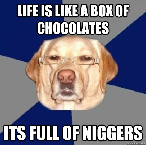 life is like a box of chocolates its full of niggers  Racist Dog