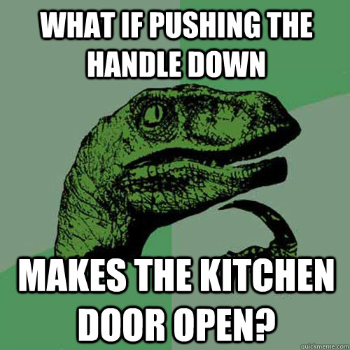 What if pushing the handle down Makes the kitchen door open? - What if pushing the handle down Makes the kitchen door open?  Philosoraptor
