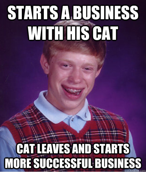 Starts a business with his cat Cat leaves and starts more successful business  Bad Luck Brian