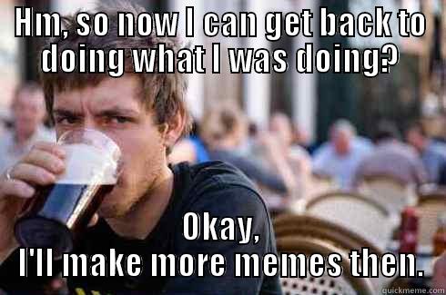 HM, SO NOW I CAN GET BACK TO DOING WHAT I WAS DOING? OKAY, I'LL MAKE MORE MEMES THEN. Lazy College Senior