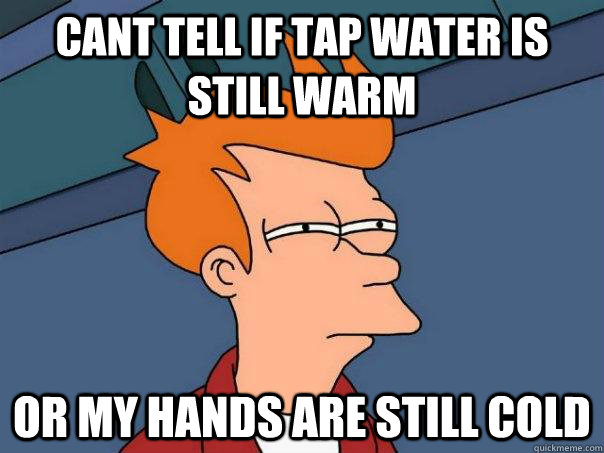 cant tell if tap water is still warm or my hands are still cold - cant tell if tap water is still warm or my hands are still cold  Futurama Fry