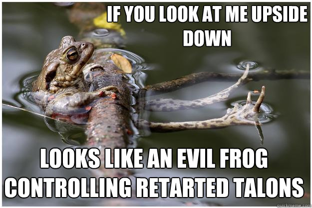 if you look at me upside down looks like an evil frog controlling retarted talons  Laid back frog