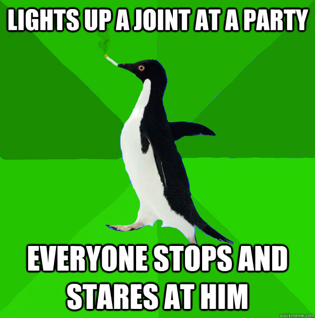 Lights up a joint at a party everyone stops and stares at him  Stoner Penguin