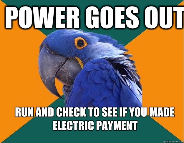 Power goes out Run and check to see if you made electric payment
  Paranoid Parrot