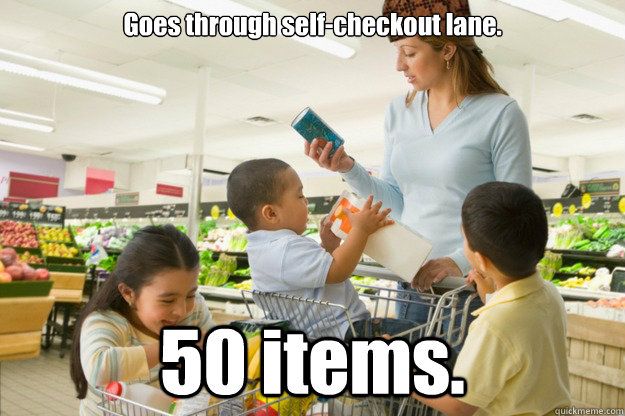 Goes through self-checkout lane. 50 items.  - Goes through self-checkout lane. 50 items.   Misc
