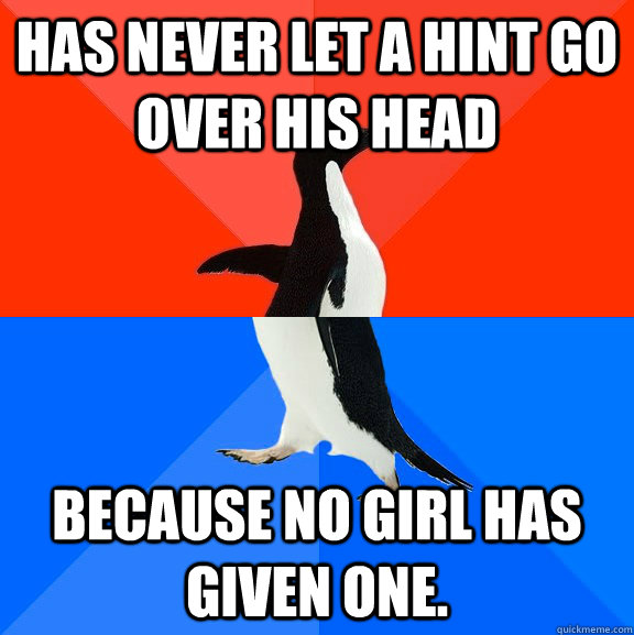 Has never let a hint go over his head because no girl has given one.  Socially Awesome Awkward Penguin