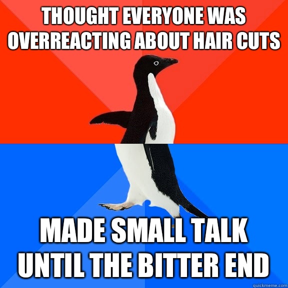 Thought everyone was overreacting about hair cuts Made small talk until the bitter end  Socially Awesome Awkward Penguin