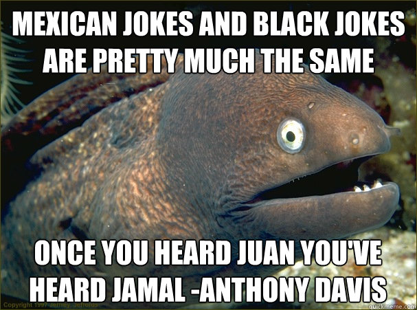 mexican jokes and black jokes are pretty much the same once you heard juan you've heard jamal -Anthony Davis  Bad Joke Eel
