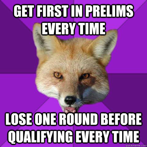 Get first in prelims every time Lose one round before qualifying every time  Forensics Fox