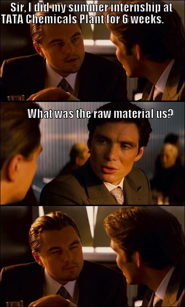 SIR, I DID MY SUMMER INTERNSHIP AT TATA CHEMICALS PLANT FOR 6 WEEKS.                                                                                                                                                                                             Inception