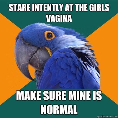 Stare intently at the girls vagina Make sure mine is normal  Paranoid Parrot