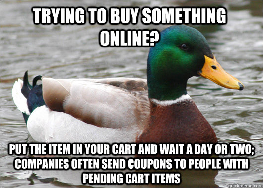 Trying to buy something online? Put the item in your cart and wait a day or two; companies often send coupons to people with pending cart items  Actual Advice Mallard