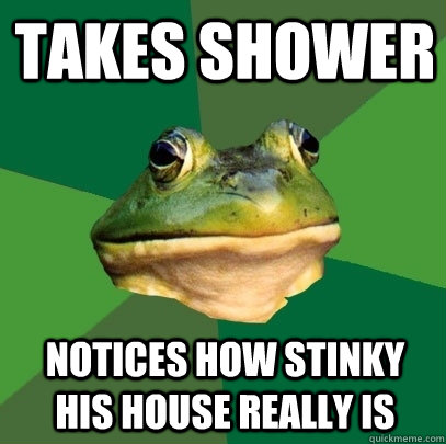 Takes shower Notices how stinky his house really is  Foul Bachelor Frog