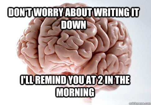don't worry about writing it down I'll remind you at 2 in the morning  - don't worry about writing it down I'll remind you at 2 in the morning   Scumbag Brain