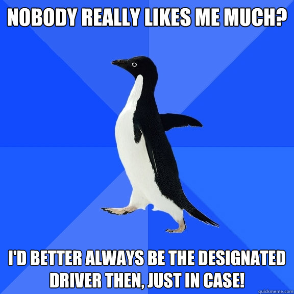 nobody really likes me much? i'd better always be the designated driver then, just in case!  Socially Awkward Penguin