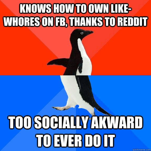 Knows how to own like-whores on FB, thanks to reddit Too socially akward to ever do it  Socially Awesome Awkward Penguin