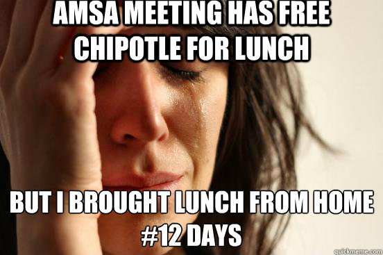 AMSA meeting has free chipotle for lunch but i brought lunch from home
#12 days  First World Problems
