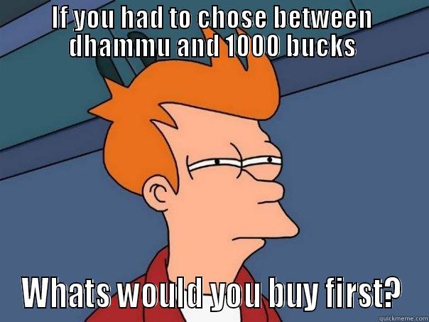 IF YOU HAD TO CHOSE BETWEEN DHAMMU AND 1000 BUCKS WHATS WOULD YOU BUY FIRST? Futurama Fry