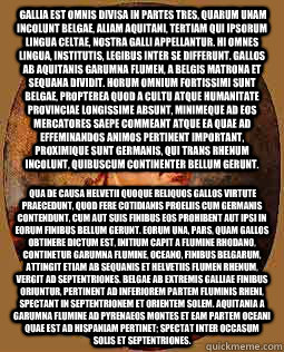  Gallia est omnis divisa in partes tres, quarum unam incolunt Belgae, aliam Aquitani, tertiam qui ipsorum lingua Celtae, nostra Galli appellantur. Hi omnes lingua, institutis, legibus inter se differunt. Gallos ab Aquitanis Garumna flumen, a Belgis Matron -  Gallia est omnis divisa in partes tres, quarum unam incolunt Belgae, aliam Aquitani, tertiam qui ipsorum lingua Celtae, nostra Galli appellantur. Hi omnes lingua, institutis, legibus inter se differunt. Gallos ab Aquitanis Garumna flumen, a Belgis Matron  Freshman Julius Caesar