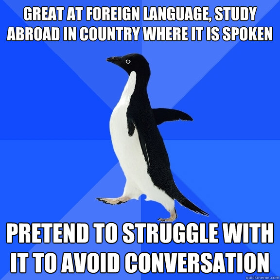 great at foreign language, study abroad in country where it is spoken Pretend to struggle with it to avoid conversation  Socially Awkward Penguin