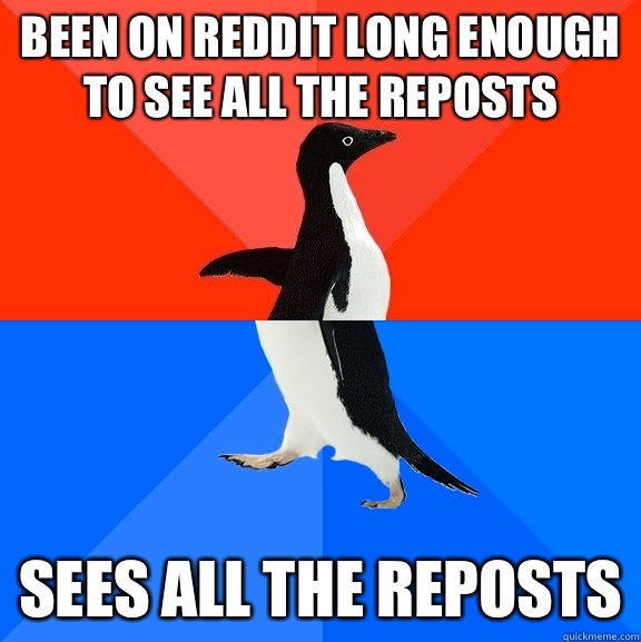 Been on Reddit long enough to see all the reposts Sees all the reposts  Socially Awesome Awkward Penguin
