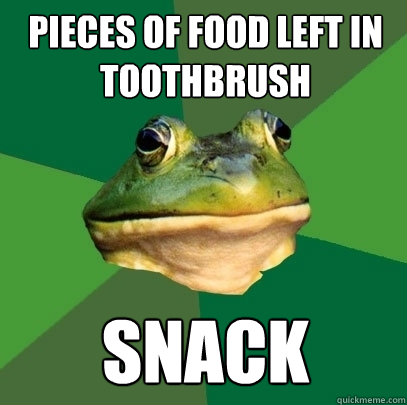 Pieces of food left in toothbrush snack  Foul Bachelor Frog