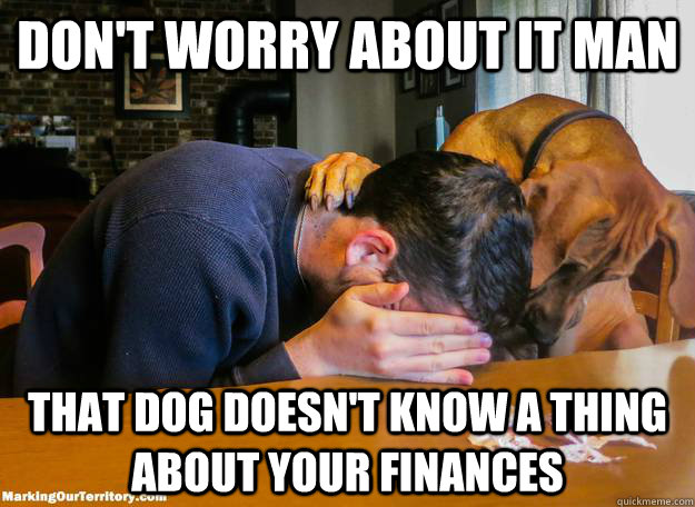 don't worry about it man that dog doesn't know a thing about your finances - don't worry about it man that dog doesn't know a thing about your finances  Consolation Dog