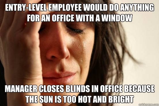 entry-level employee would do anything for an office with a window manager closes blinds in office because the sun is too hot and bright  First World Problems