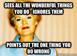 sees all the wonderful things you do - ignores them points out the one thing you do wrong - sees all the wonderful things you do - ignores them points out the one thing you do wrong  Passive Aggressive Mother-in-law