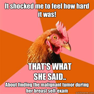 It shocked me to feel how hard it was! About finding the malignant tumor during her breast self-exam   THAT'S WHAT SHE SAID..  Anti-Joke Chicken