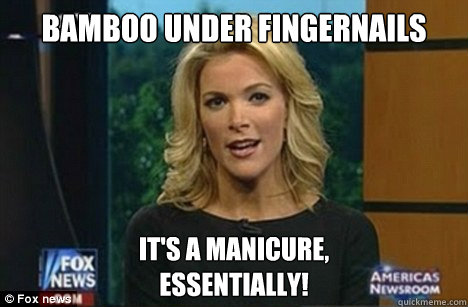 Bamboo Under fingernails It's a manicure,
Essentially!  Megyn Kelly