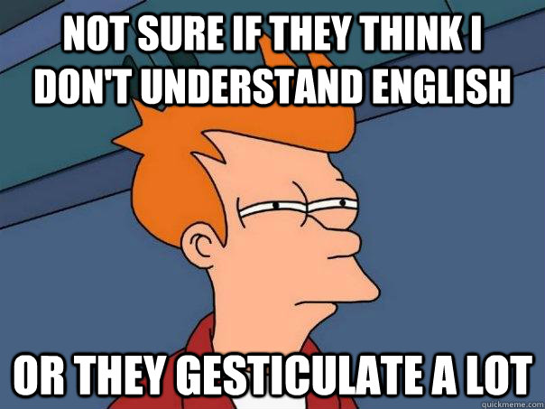 Not sure if they think I don't understand English Or they gesticulate a lot - Not sure if they think I don't understand English Or they gesticulate a lot  Futurama Fry