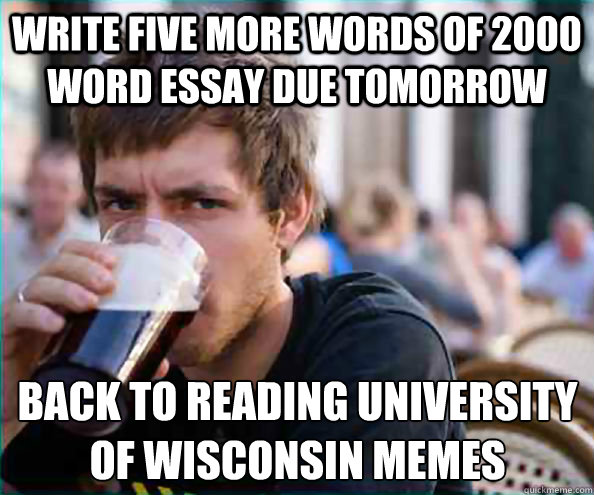 Write five more words of 2000 word essay due tomorrow Back to reading University of Wisconsin Memes  Lazy College Senior
