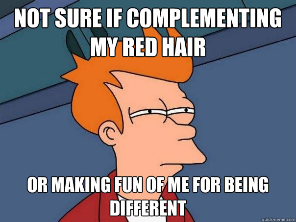 Not sure if complementing my red hair Or making fun of me for being different  Futurama Fry