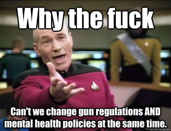 Why the fuck Can't we change gun regulations AND mental health policies at the same time.  Annoyed Picard HD